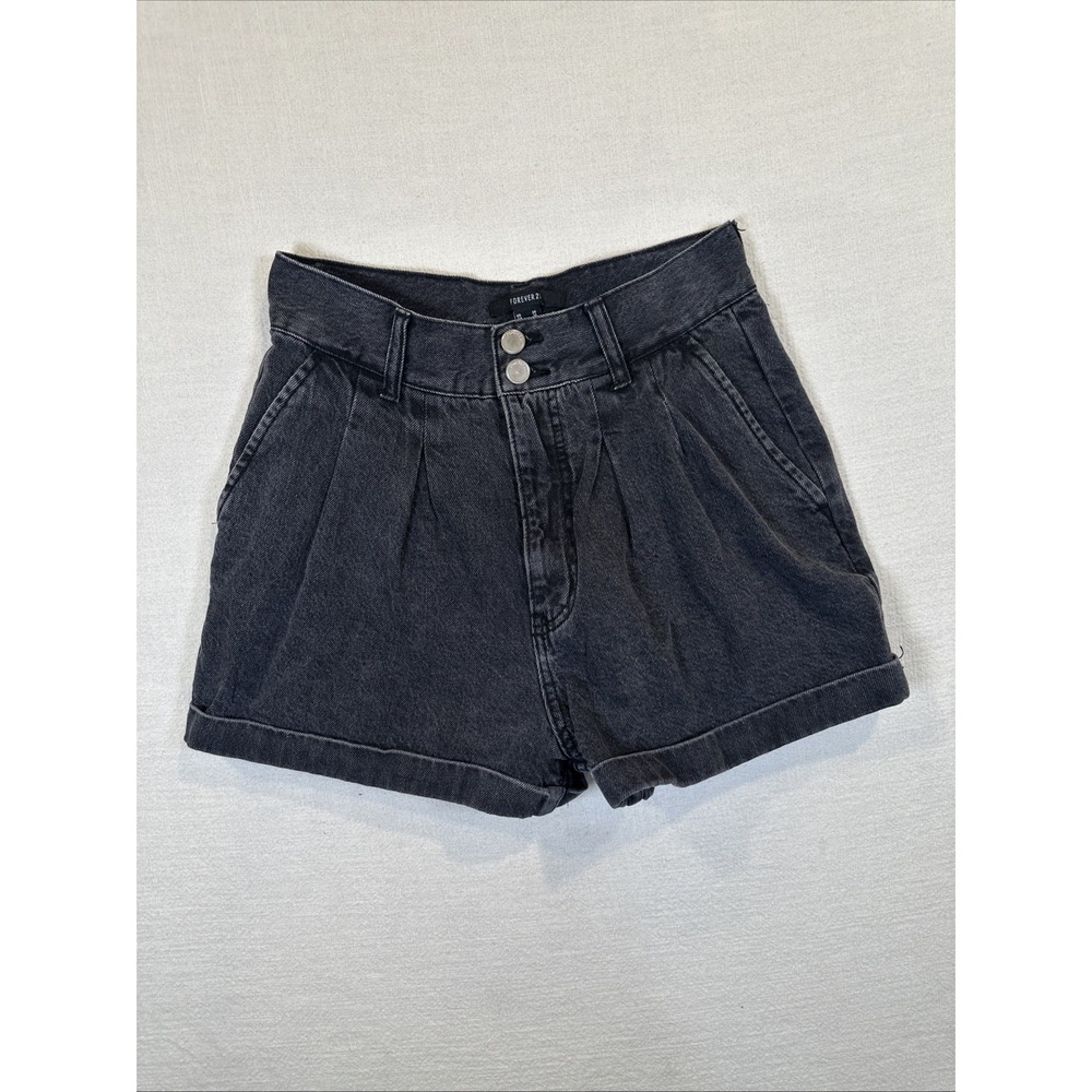 Forever 21 Women's Jean Shorts 26 Black Denim‎ Cuffed High Waist Pleated